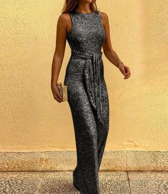 Custom Clothing Factory China Round Neck Sleeveless Sequined Backless Jumpsuit For Women